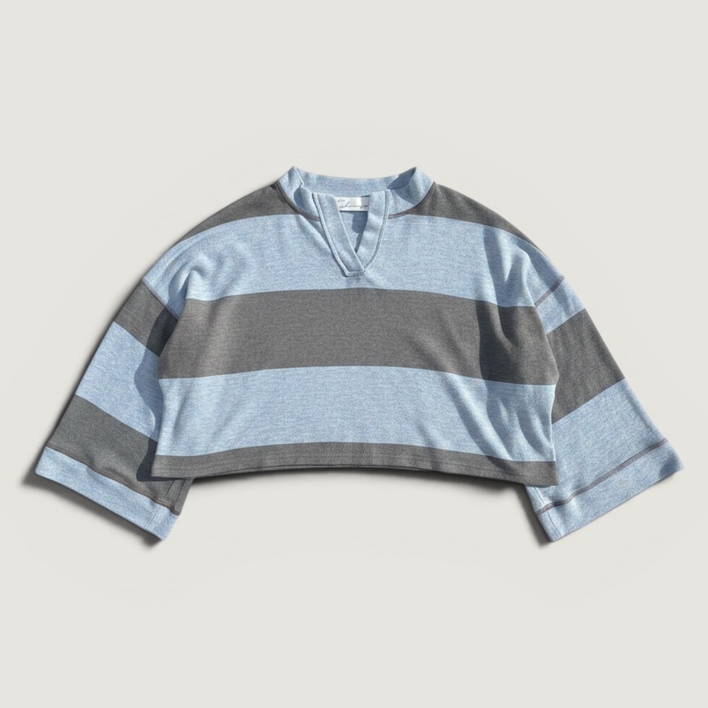 Vintage Havana Cropped Top Women Medium Blue Brown Striped V-Neck S11113